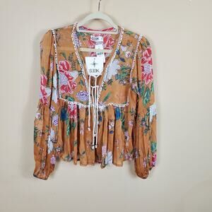 Seek the Label Floral Peasant Blouse with Crochet Size S